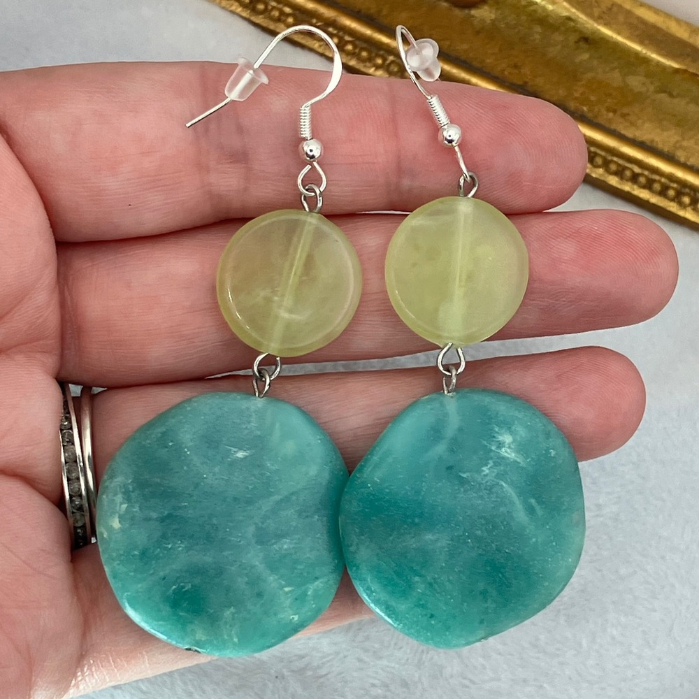 Blue Green Bead Dangle Earrings Acrylic Statement Coastal Cowgirl Boho Chic Bold